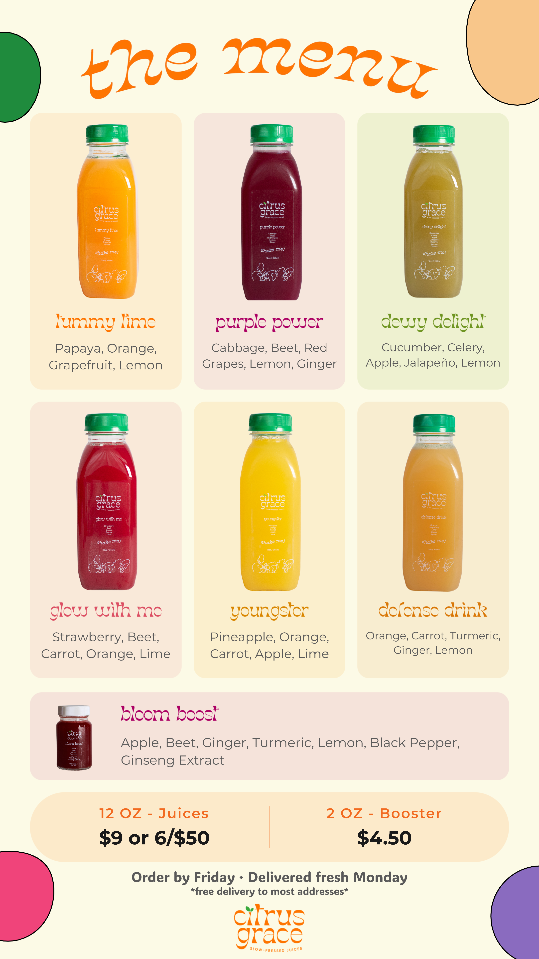 Citrus Grace menu featuring six slow-pressed juices and Bloom Boost